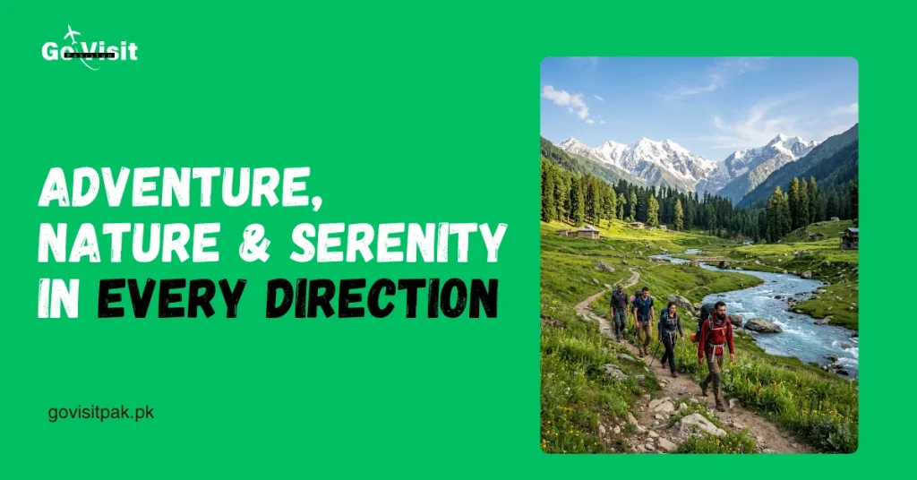 Swat Valley adventure tourism featuring hiking trails, green meadows and stunning mountain scenery