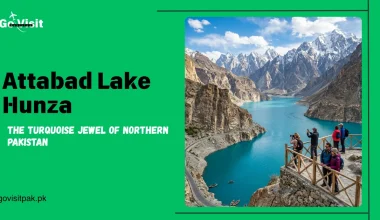 Attabad Lake Hunza featuring turquoise water, Karakoram mountains and breathtaking scenery in Gilgit Baltistan