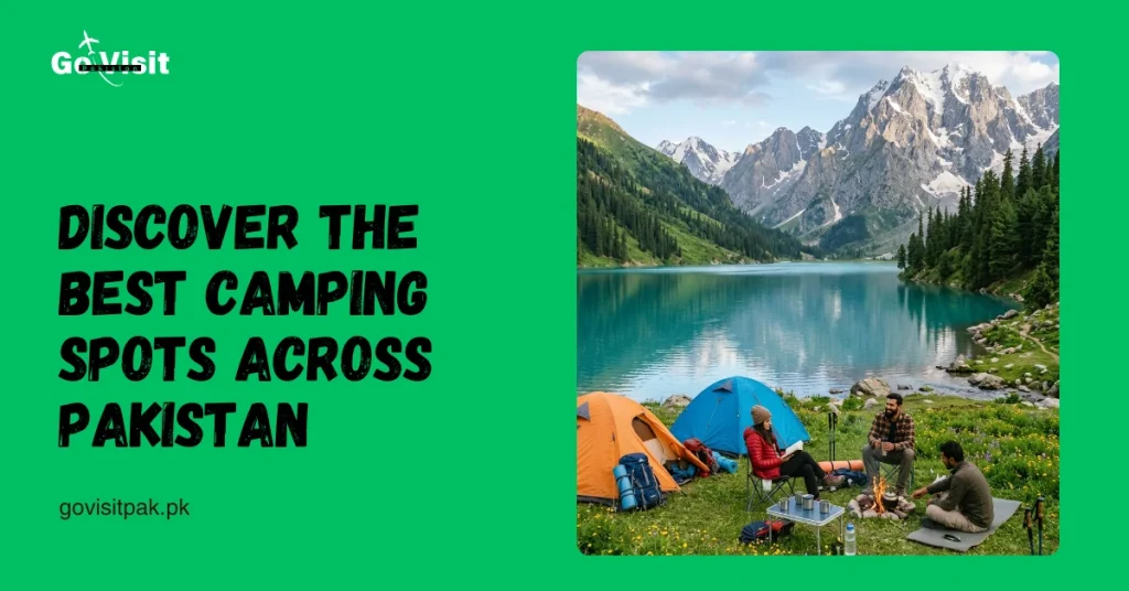 Camping in Pakistan showcasing scenic campsites near lakes, mountains and natural landscapes