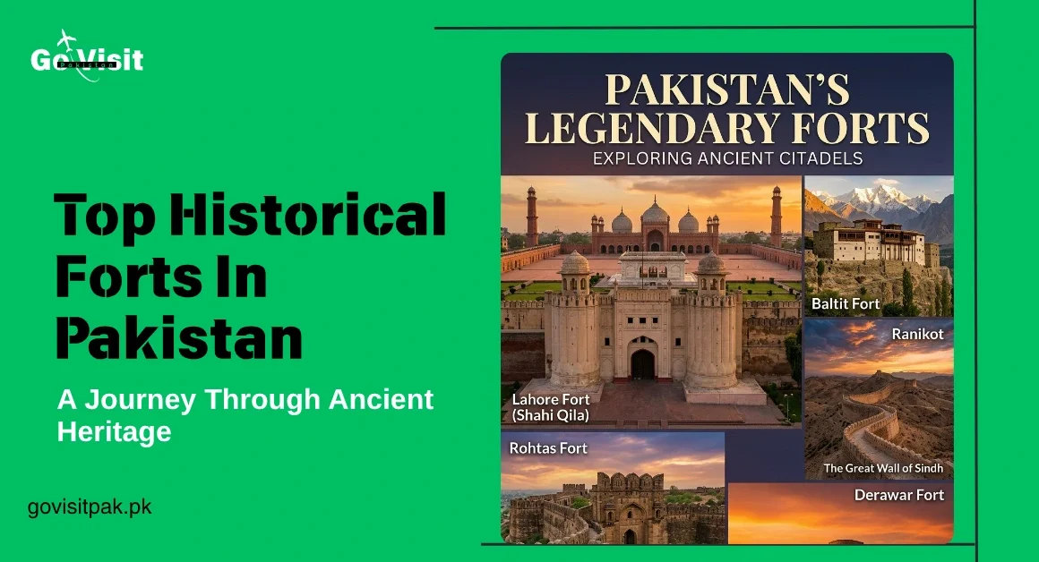 Top historical forts in Pakistan featuring Lahore Fort, Rohtas Fort, Derawar Fort and ancient heritage architecture