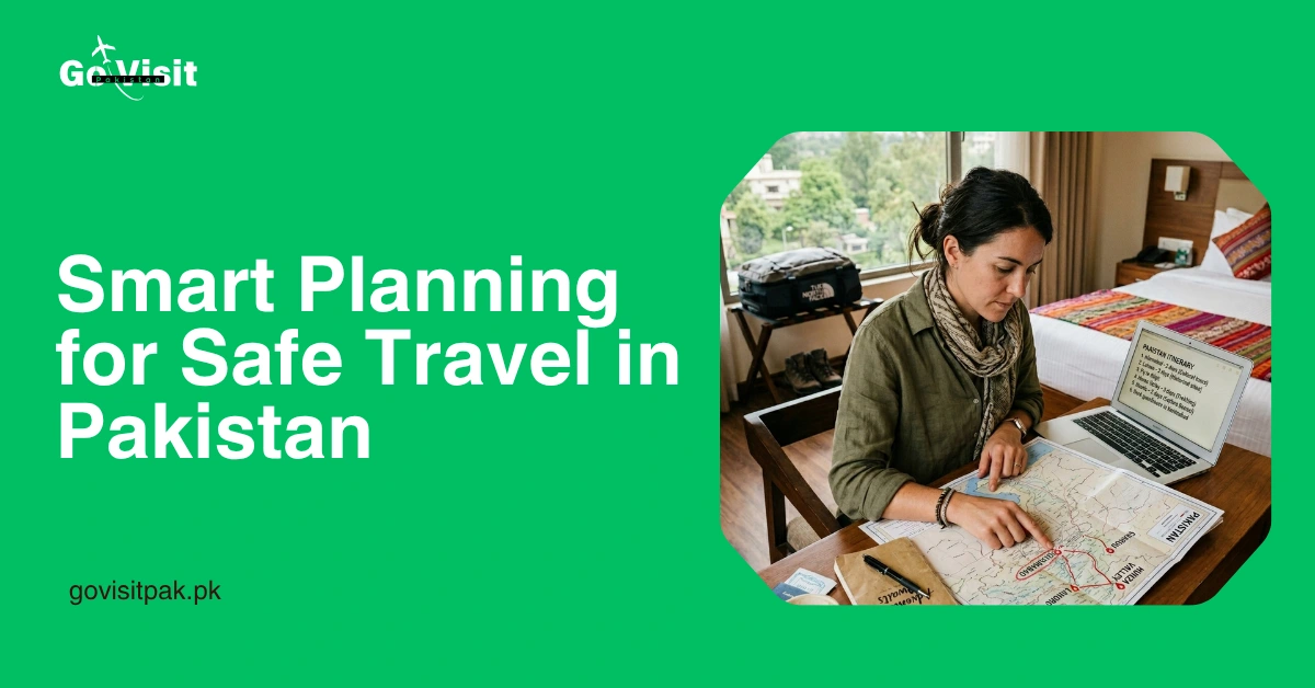 Traveler checking safety map and planning trip for Travel Safety Pakistan guide in a hotel room