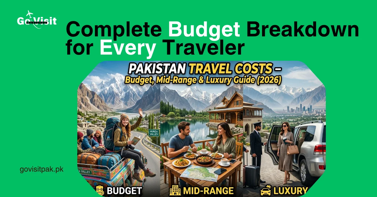 Pakistan travel costs guide showing budget, mid-range, and luxury travelers exploring Hunza, Skardu, and major cities of Pakistan